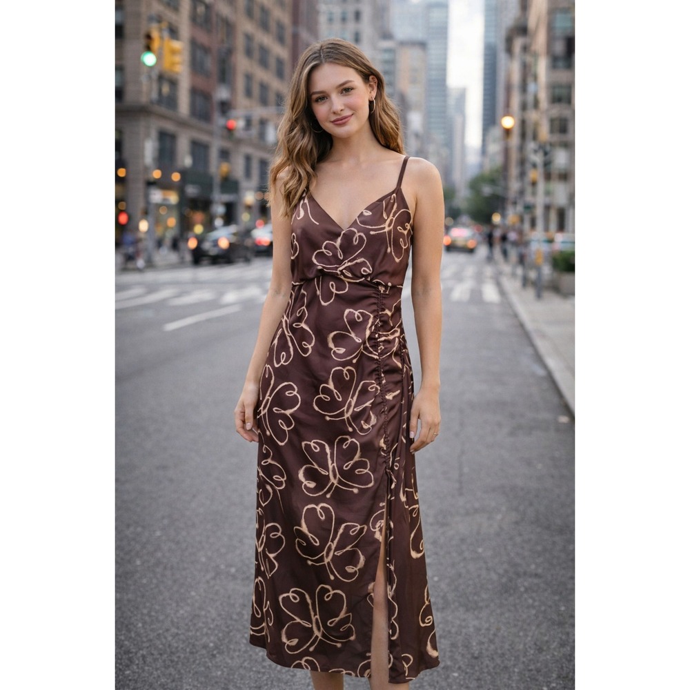 Urban Outfitters Y2K Brown Butterfly Print Midi Dress Sleeveless S/P - Picture 1 of 11